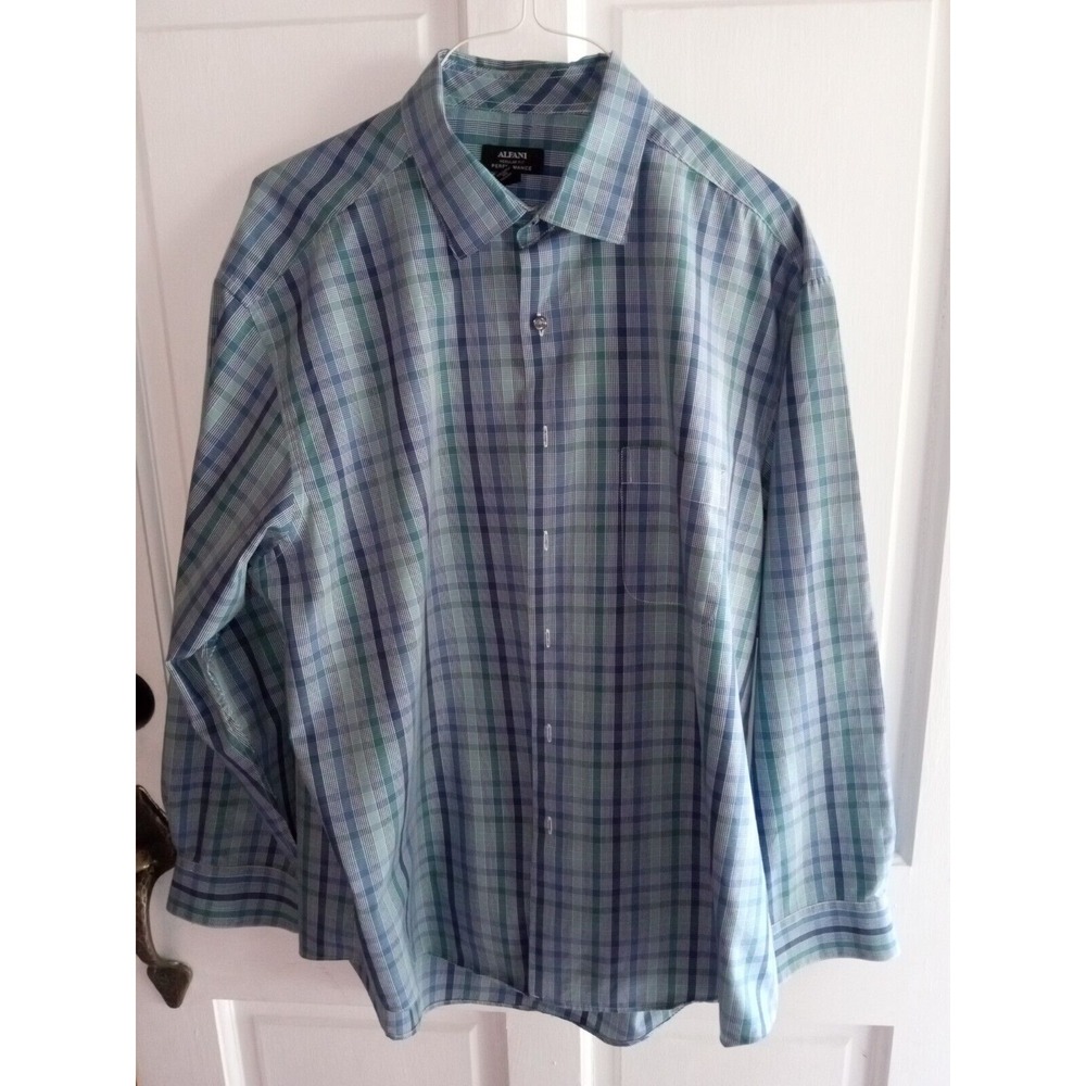 Alfani Plaid Shirt Mens Blue Green Size XL Button Up 34/35 Performance Easy Care